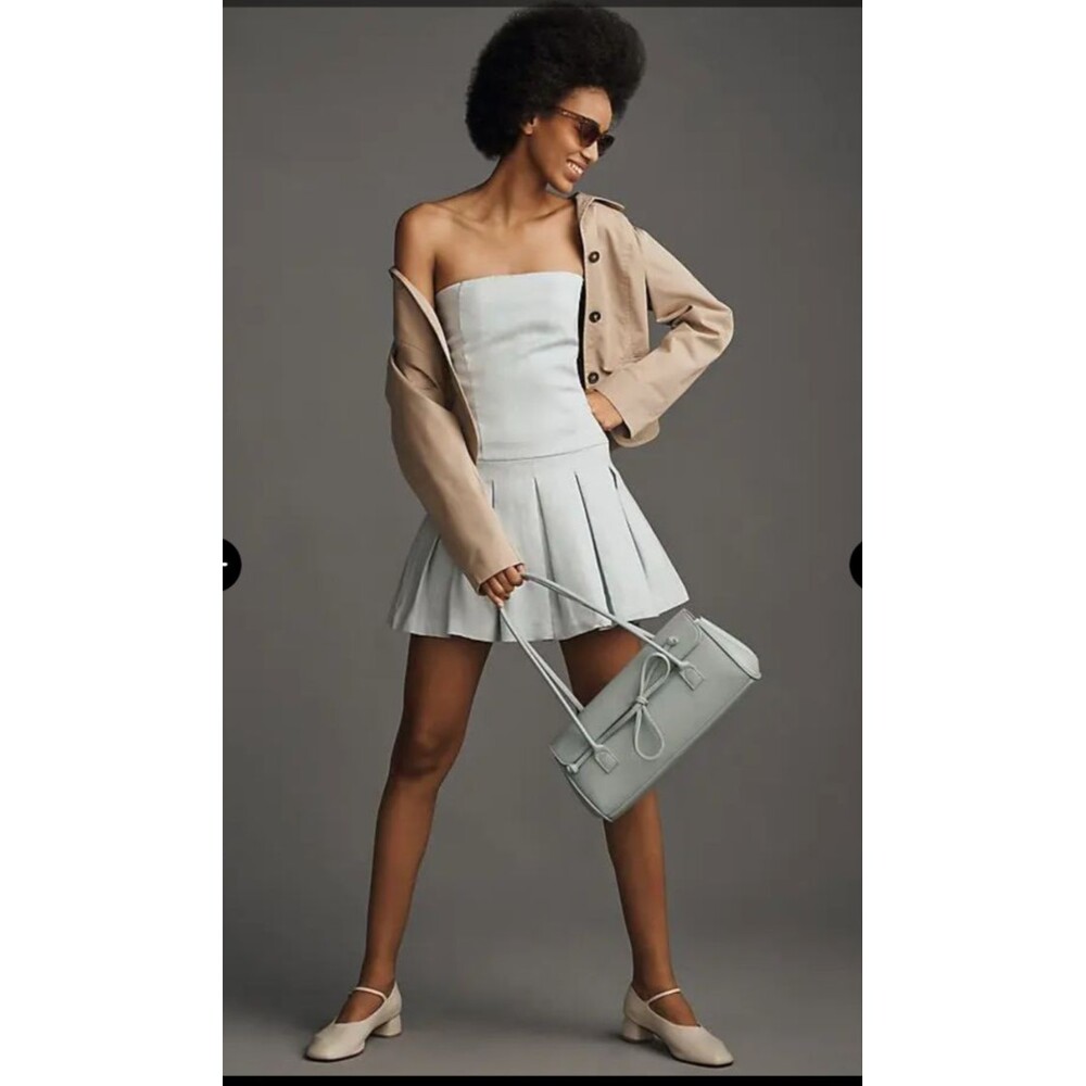 Anthropologie Bishop + Young Strapless Linen Pleated Mini Dress Light Blue Sz S